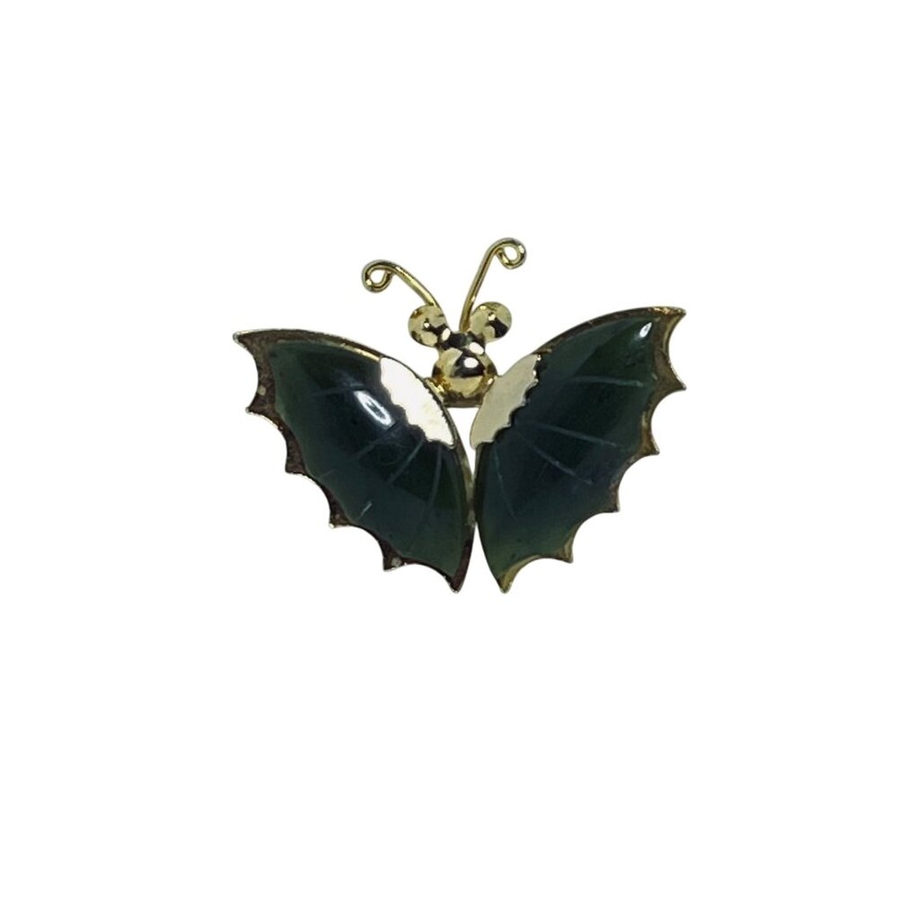 Vintage Gold Tone Butterfly Brooch With Nephrite Wings (5900)